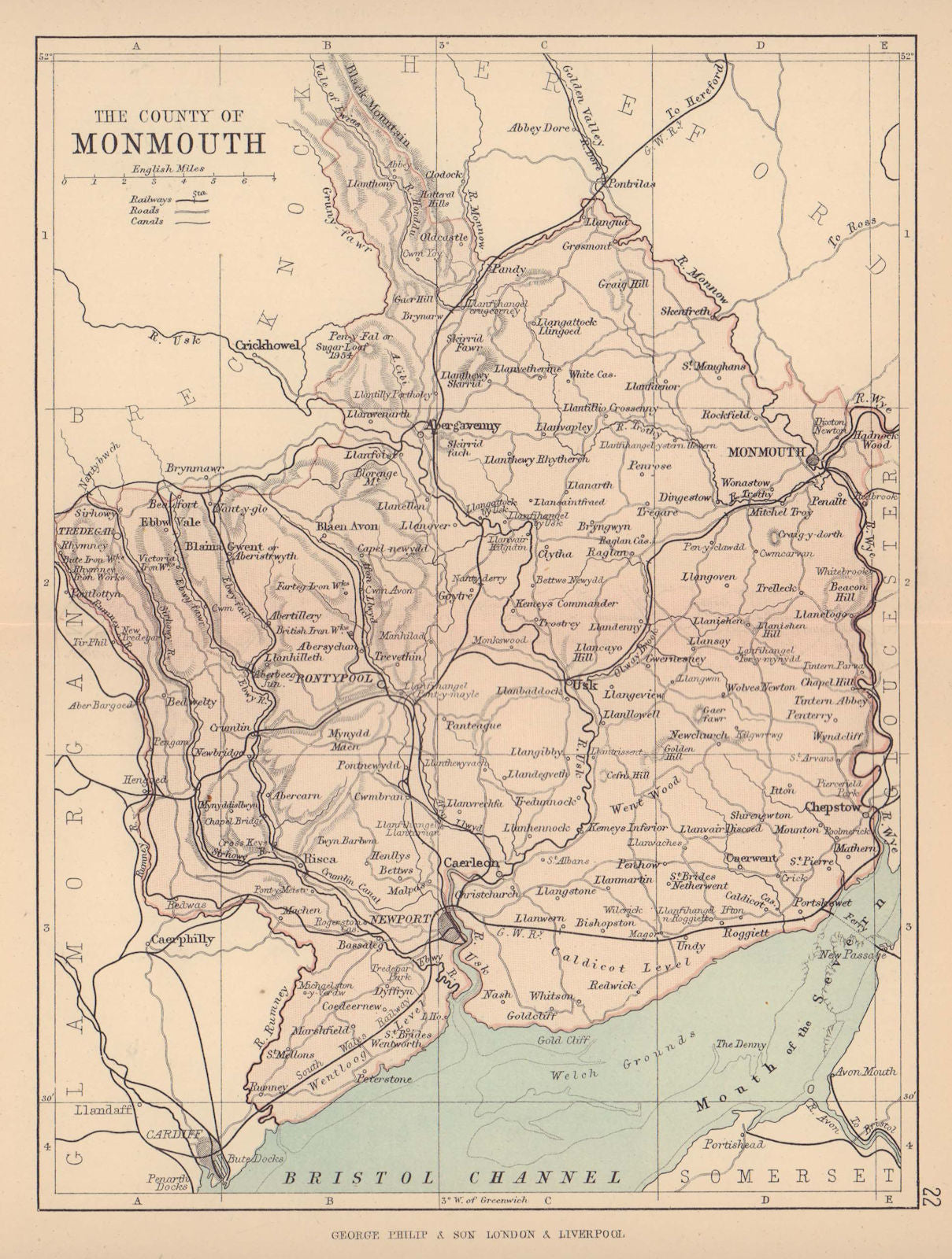 MONMOUTHSHIRE. Antique county map. Railways roads canals. PHILIP 1885 old
